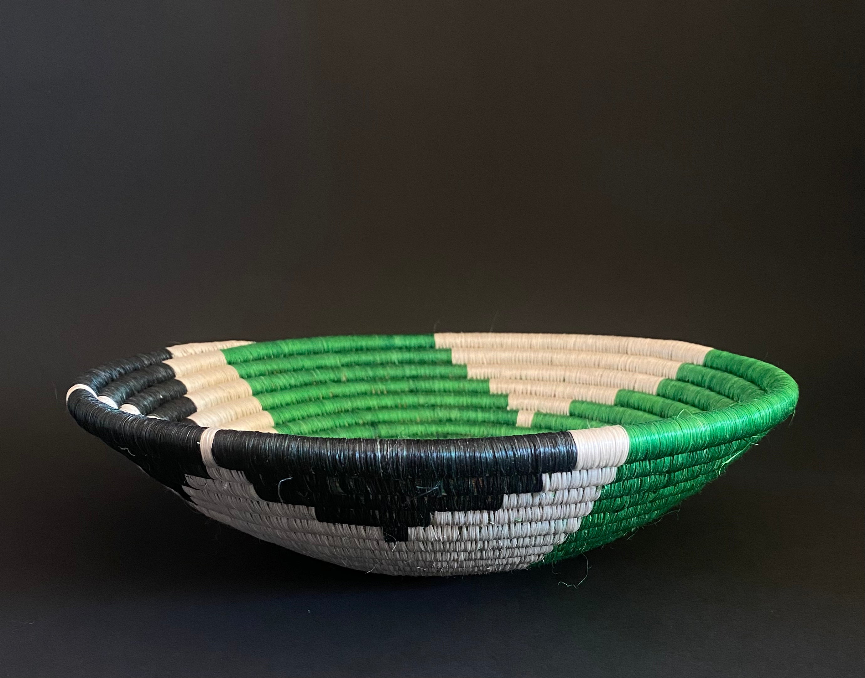 African raffia basket green, white & black