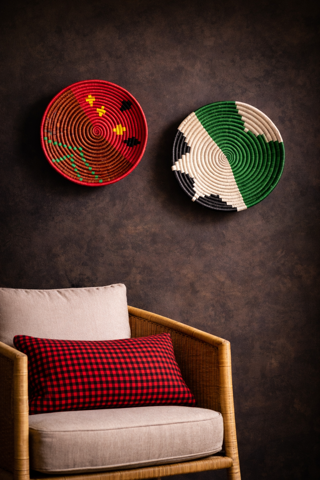 African raffia basket green, white & black