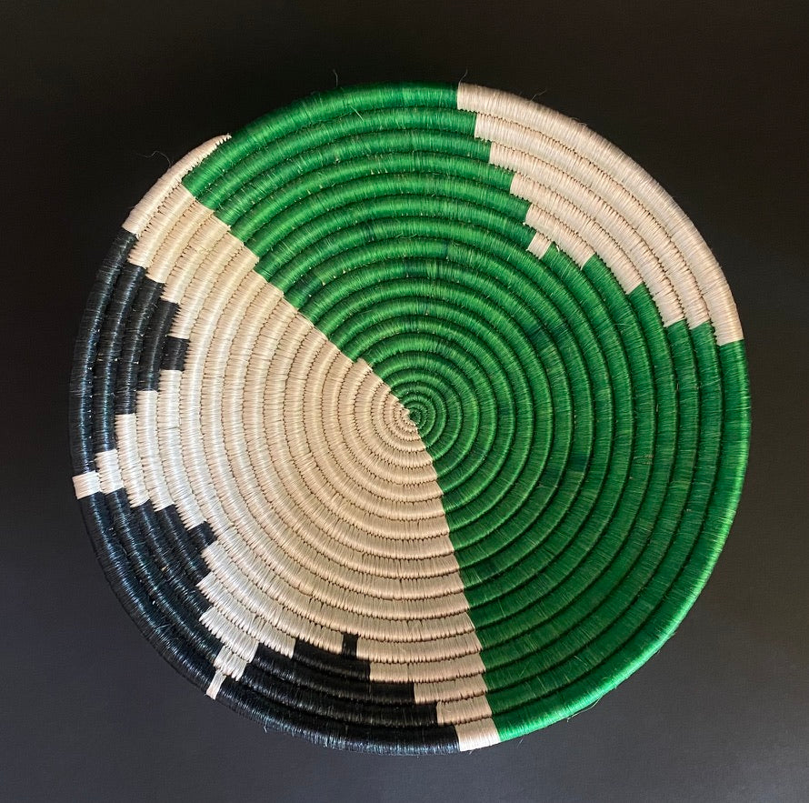 African raffia basket green, white & black