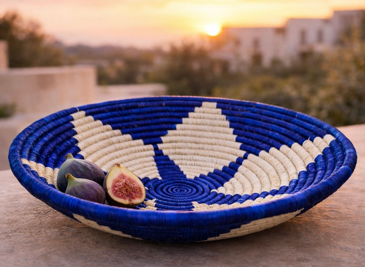 African raffia basket blue & white
